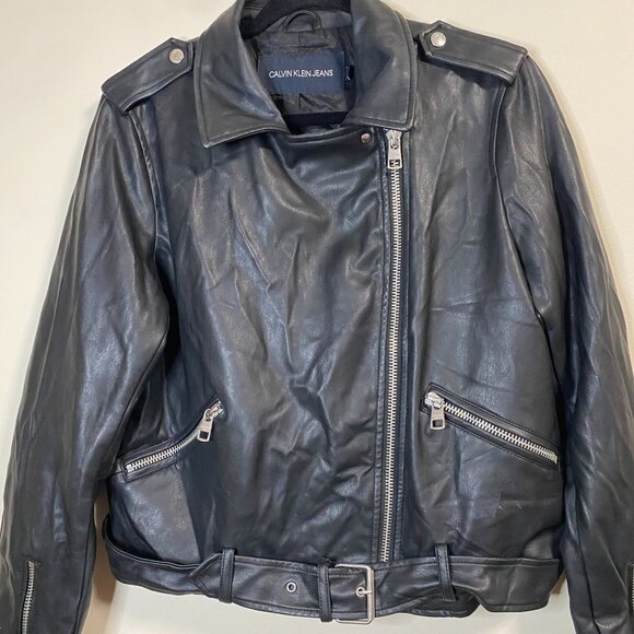 Calvin Klein Jeans Women's Black Faux Leather Jacket Large Moto Style Zip Pocket - Picture 2 of 14
